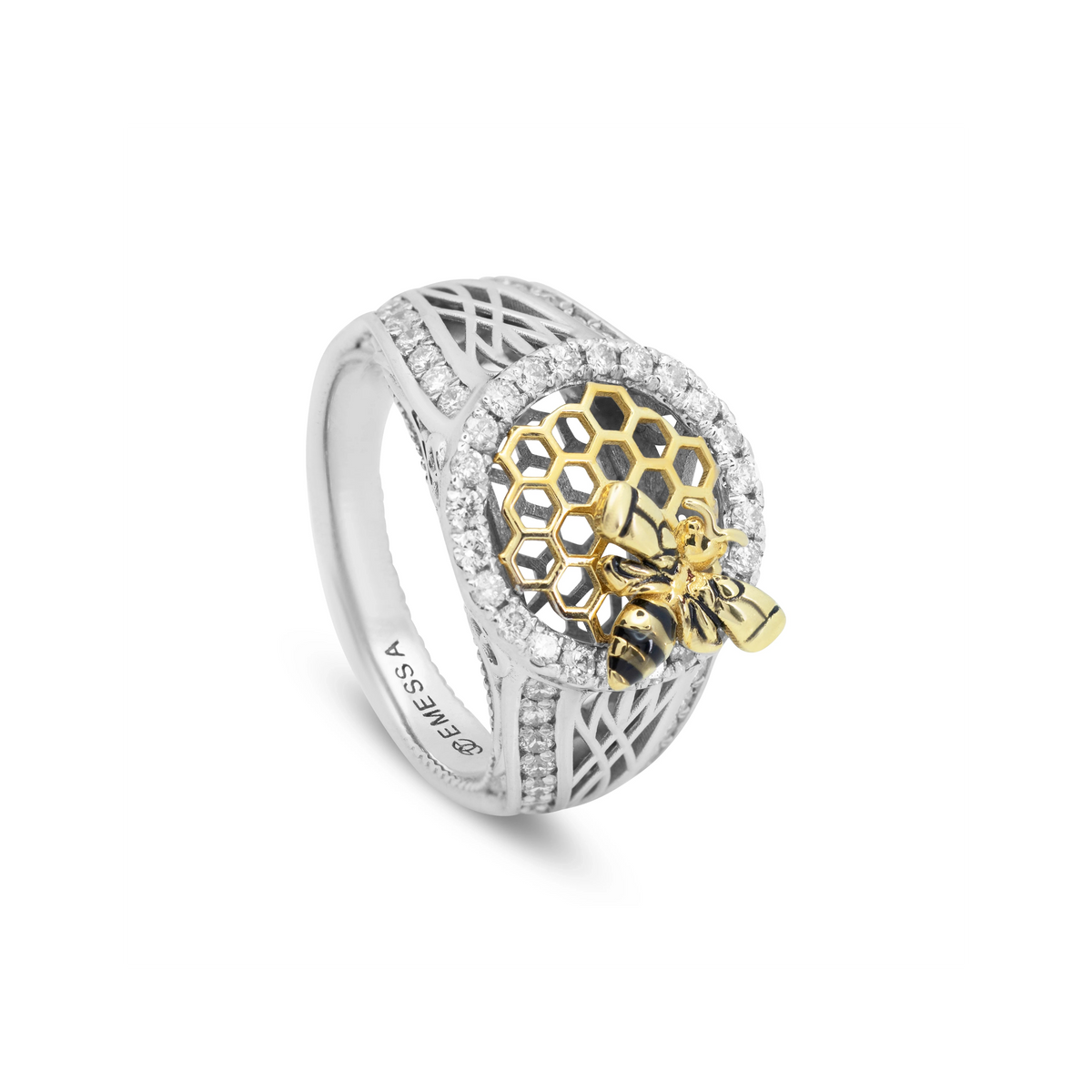 Angled view of two-tone 18ct gold honeycomb ring featuring a 3D bee motif and brilliant-cut diamonds.
