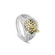 Angled view of two-tone 18ct gold honeycomb ring featuring a 3D bee motif and brilliant-cut diamonds.
