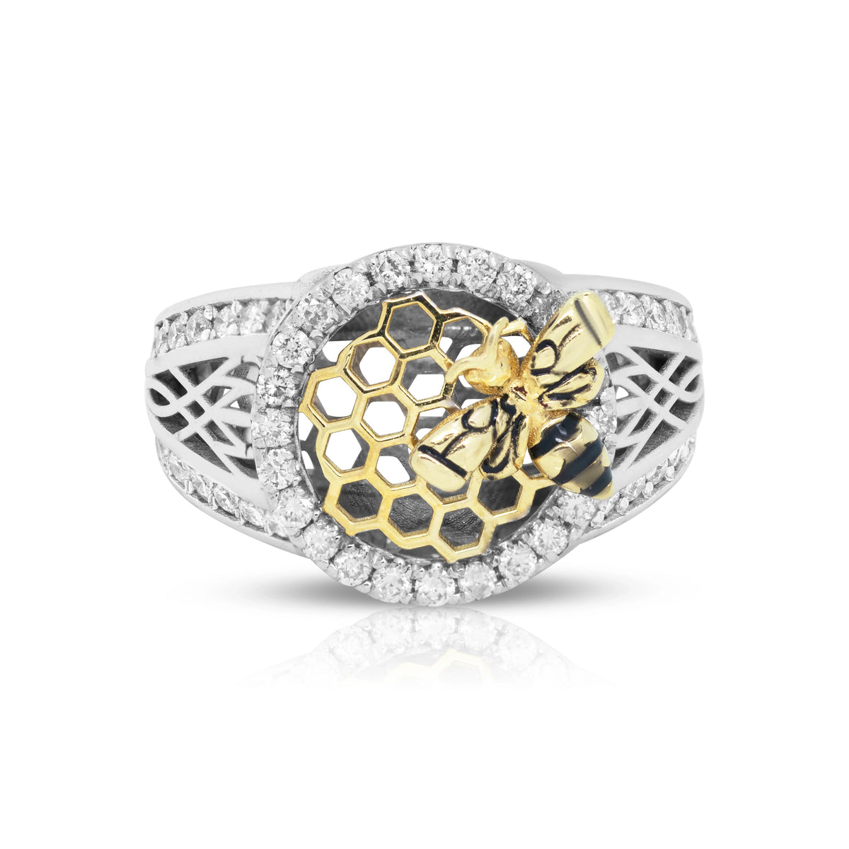 Front view of 18ct two-tone gold diamond bee honeycomb ring with 1.00ct brilliant-cut diamond cluster.