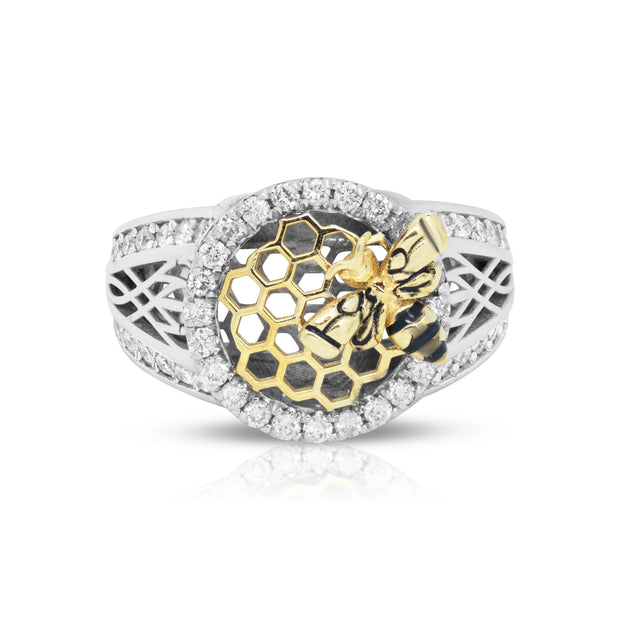Front view of 18ct two-tone gold diamond bee honeycomb ring with 1.00ct brilliant-cut diamond cluster.