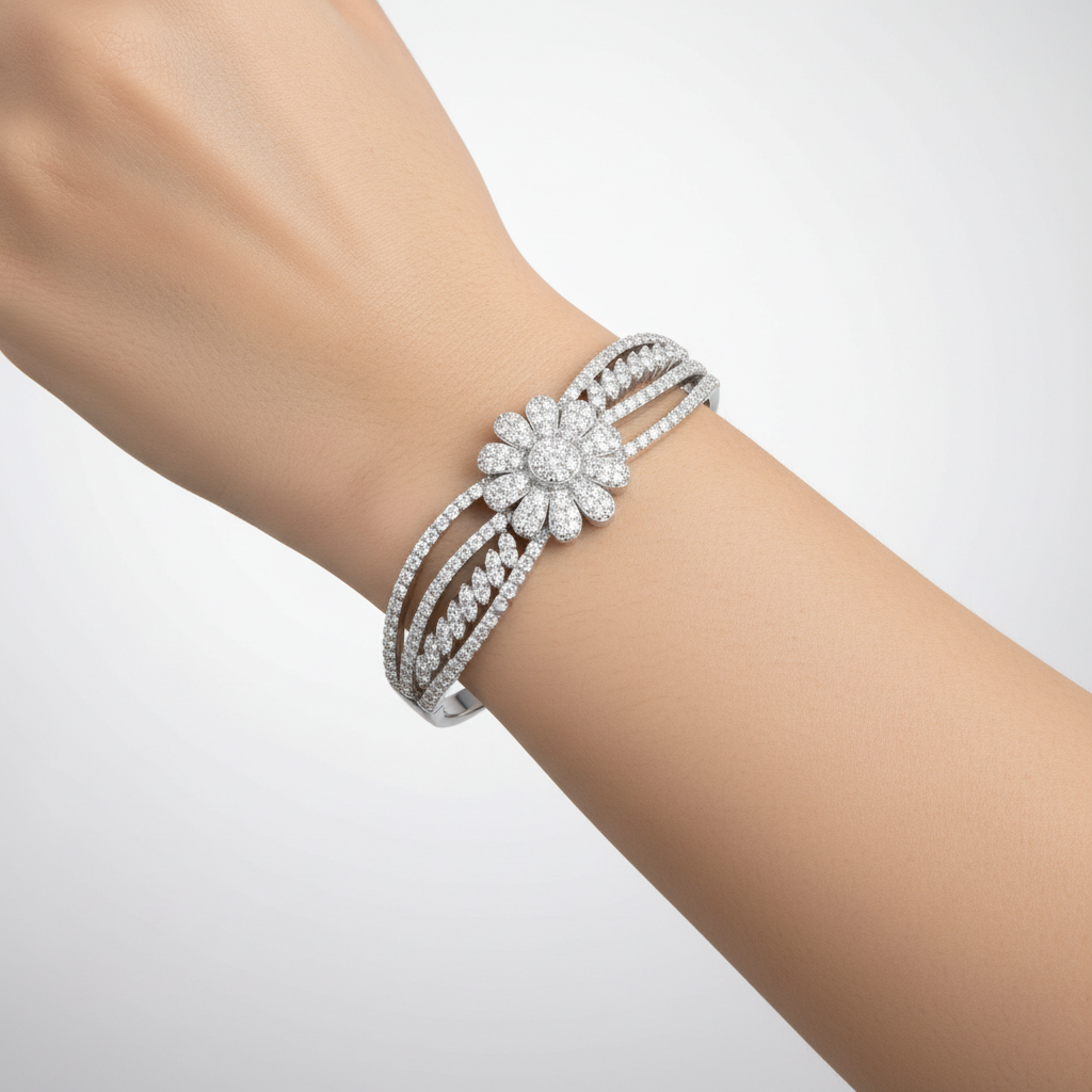 Model wearing Emessa 18ct White Gold Diamond Bangle, 4.25ct Floral Design – Diamond Symphony Bangle
