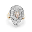 A top-down view of an 18ct rose gold Blush Teardrop ring featuring a 0.21ct fancy light purplish pink pear-cut diamond surrounded by a brilliant white diamond halo.