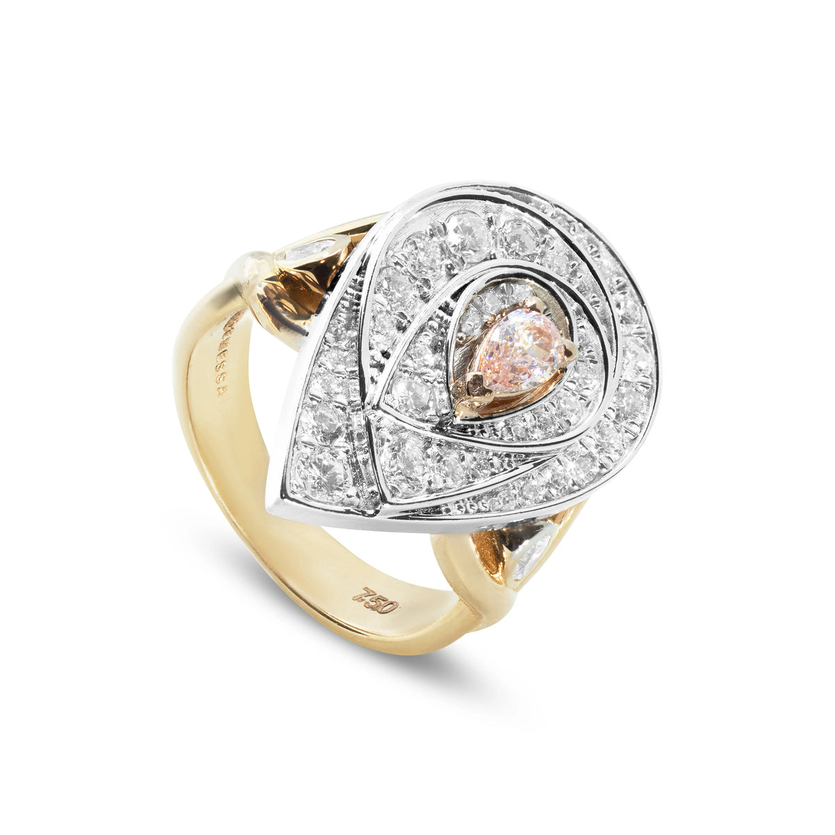 Perspective view of a rose gold statement ring showing the teardrop diamond cluster and the intricate split flared shoulders with bezel-set pear diamonds.