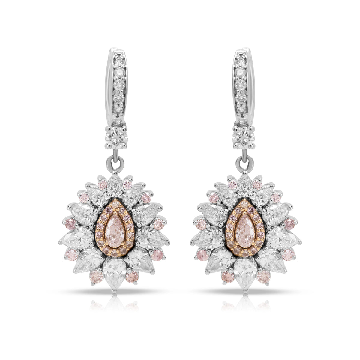 Fancy Pink & White Diamond Floral Drop Earrings in 18ct Two-Tone Gold