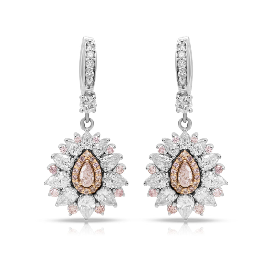 Fancy Pink & White Diamond Floral Drop Earrings in 18ct Two-Tone Gold