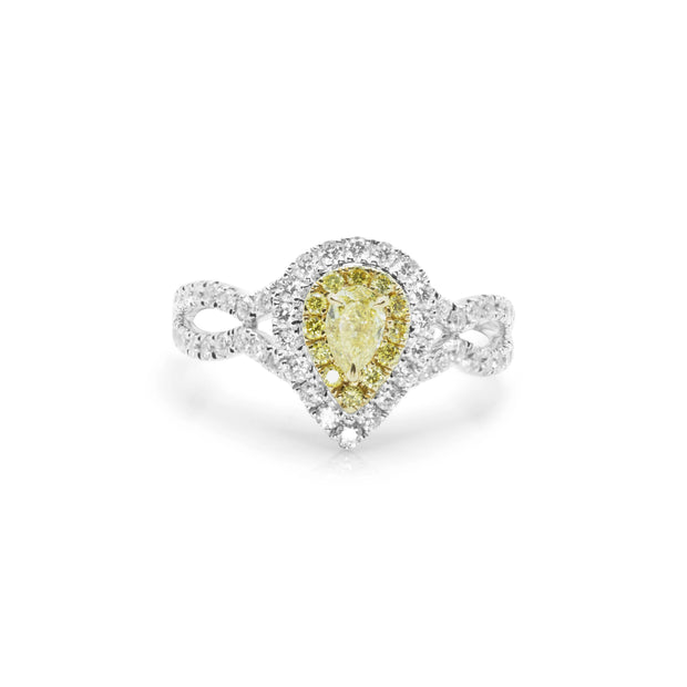Front view of the Canary Elegance ring featuring a vivid natural yellow canary diamond and white diamond halo.