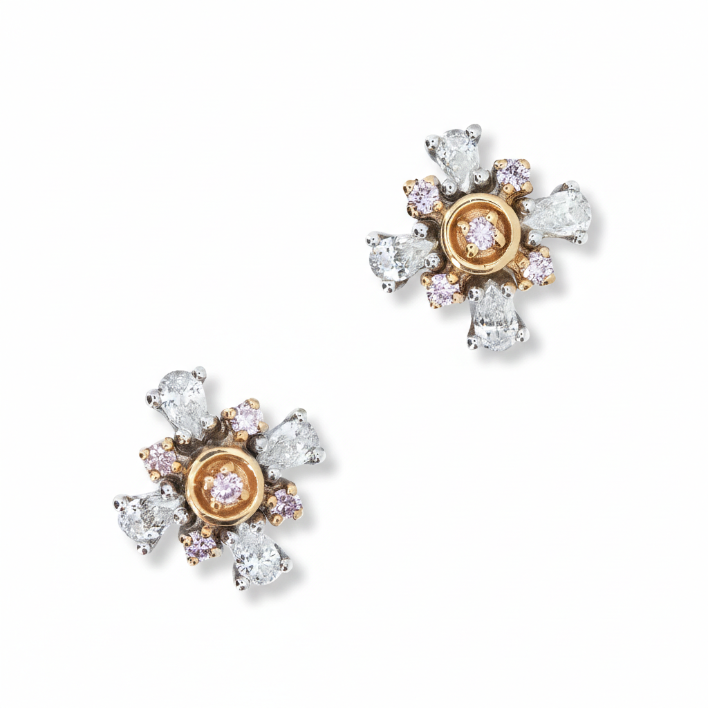 Pink & White Diamond Snowflake Cluster Earrings in 18ct Rose Gold