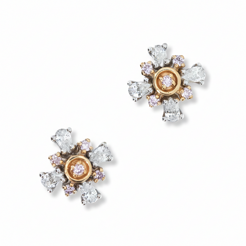 Pink & White Diamond Snowflake Cluster Earrings in 18ct Rose Gold