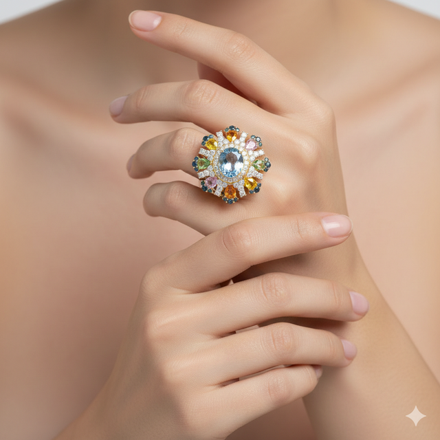A close-up lifestyle photograph of the Ocean Mirage statement ring worn on a model's hand, showcasing the large 4.08ct oval aquamarine and the vibrant multi-coloured sapphire cluster set in 18ct yellow gold.