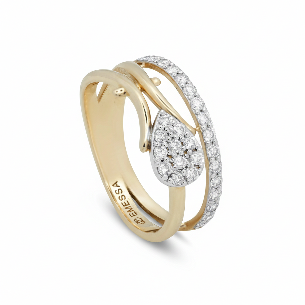 Angled view of 18ct yellow and white gold bypass ring with hand-sculpted leaf motifs and a pear-shaped natural diamond cluster (0.70ct).