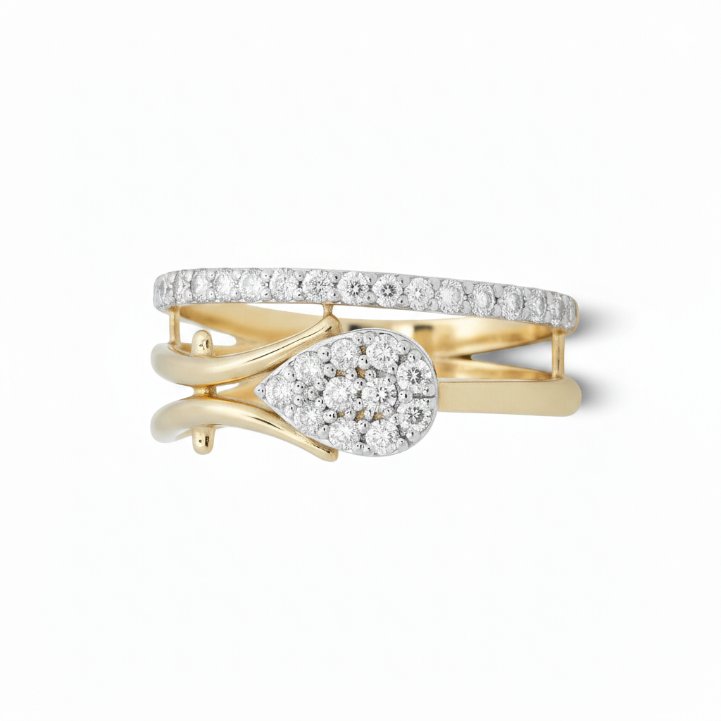 Front view of diamond leaf bypass ring in solid 18ct two-tone gold featuring a pear-shaped natural diamond cluster set in white gold (0.70ct total).