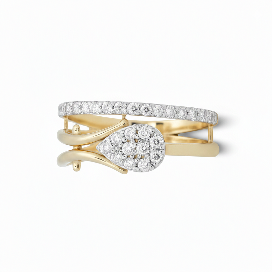 Front view of diamond leaf bypass ring in solid 18ct two-tone gold featuring a pear-shaped natural diamond cluster set in white gold (0.70ct total).