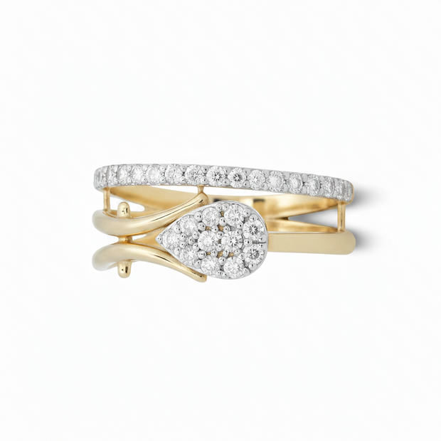 Front view of diamond leaf bypass ring in solid 18ct two-tone gold featuring a pear-shaped natural diamond cluster set in white gold (0.70ct total).