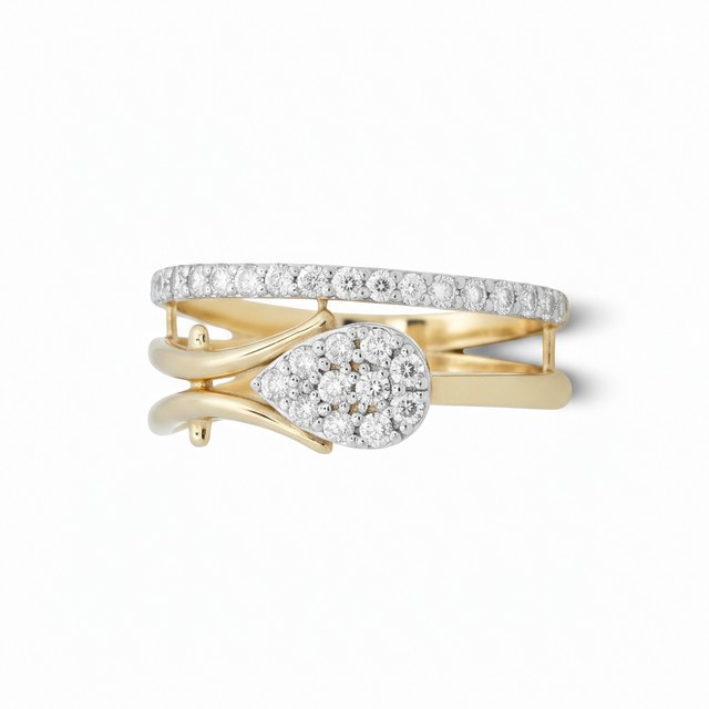 Front view of diamond leaf bypass ring in solid 18ct two-tone gold featuring a pear-shaped natural diamond cluster set in white gold (0.70ct total).