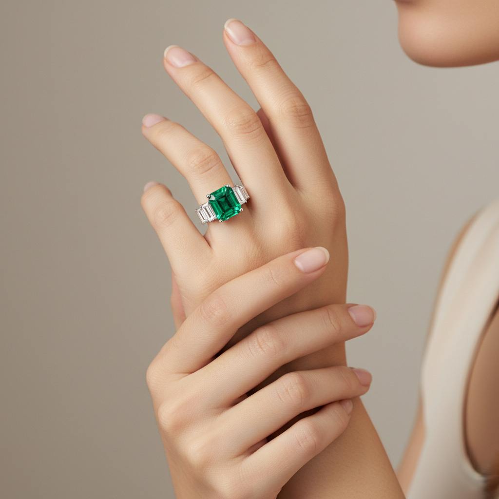 Emerald Majesty ring worn on hand, showcasing the natural Colombian emerald and sparkling natural diamonds in 18ct white gold.