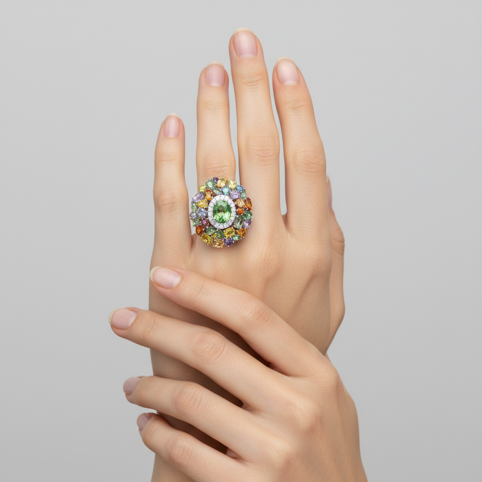 Emessa Aurora Garden green tourmaline cluster ring in 18ct yellow gold worn on hand.