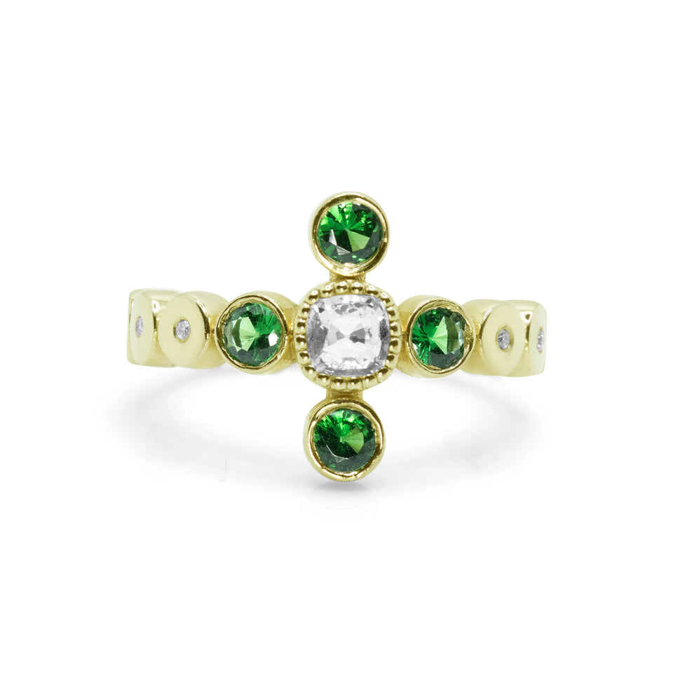 Front view of the Tsavorite Radiance ring with white sapphire and green tsavorite accents in 18ct white gold.