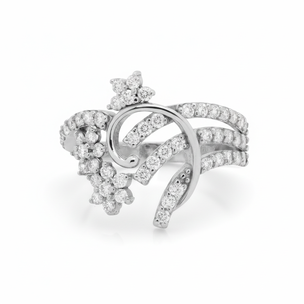 Front view of 18ct white gold floral diamond cluster ring set with 54 round brilliant-cut diamonds totalling 1.02ct in a pierced flower design.