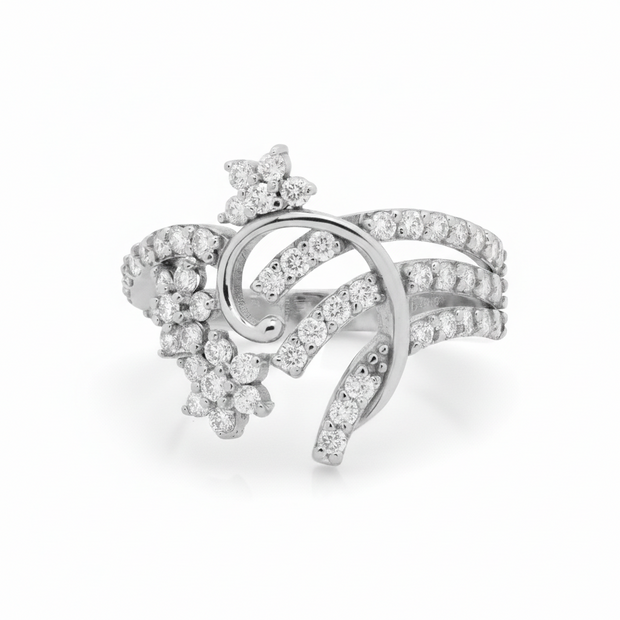 Front view of 18ct white gold floral diamond cluster ring set with 54 round brilliant-cut diamonds totalling 1.02ct in a pierced flower design.