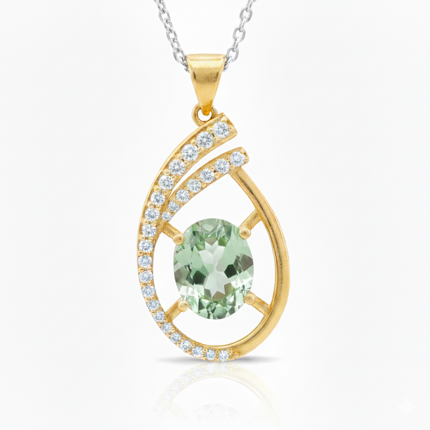 Front view of Golden Enchantment pendant in 18ct yellow gold featuring a 3.00ct oval golden-green tourmaline framed by a teardrop halo of round brilliant-cut diamonds (0.47ct total).