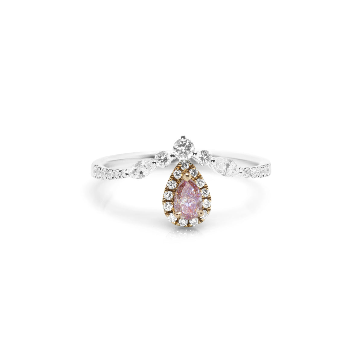 Front view of Harmony Tear-Drop ring in 18ct two-tone gold featuring a 0.18ct pear-cut fancy brown pink diamond framed by pink and white diamond halo cluster