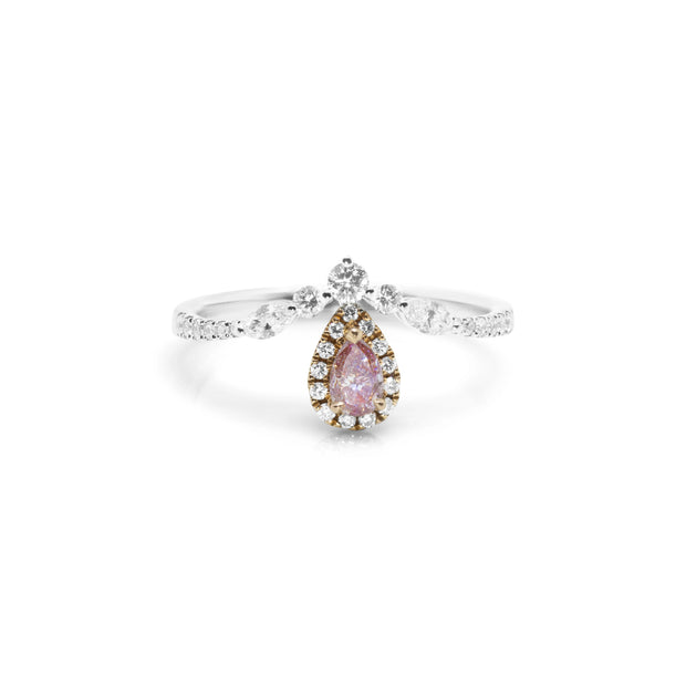 Front view of Harmony Tear-Drop ring in 18ct two-tone gold featuring a 0.18ct pear-cut fancy brown pink diamond framed by pink and white diamond halo cluster