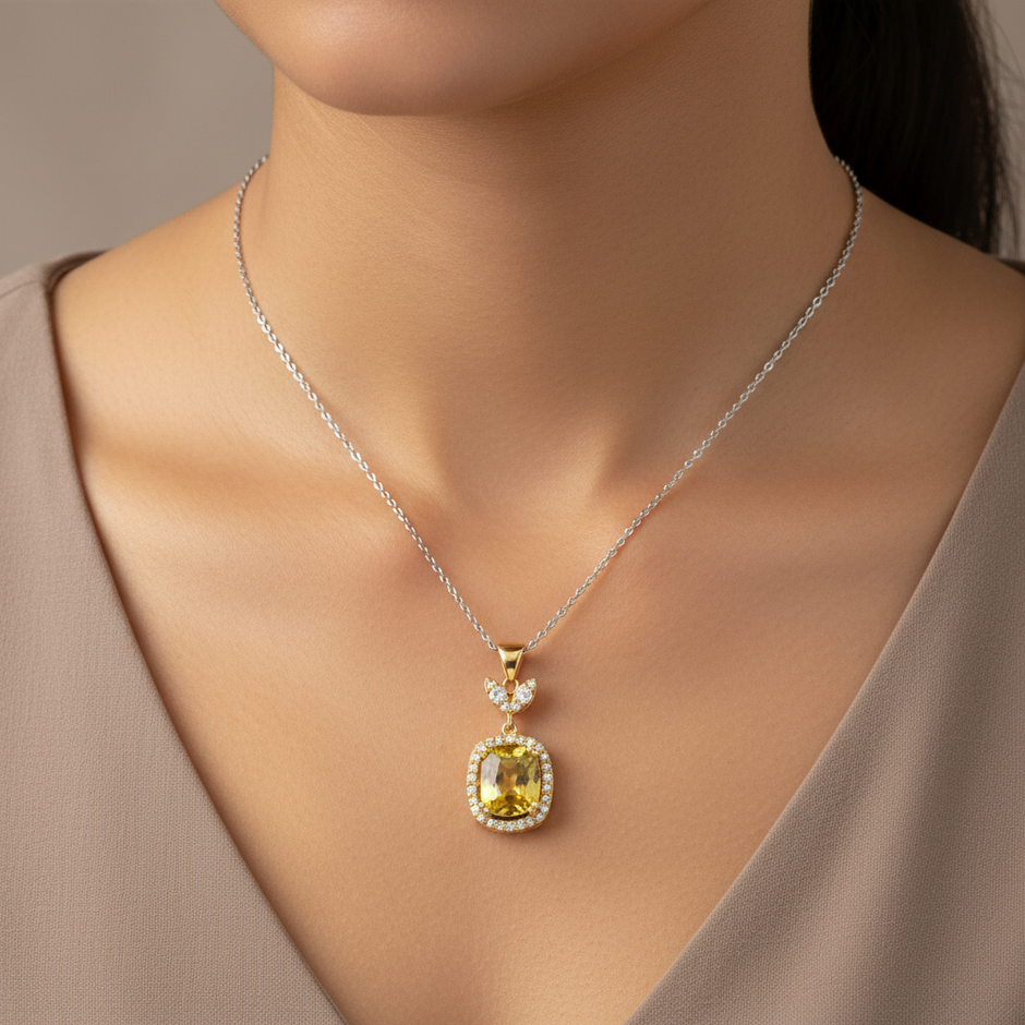 Olive Glow zircon and diamond pendant worn on neck, showcasing the 3.5ct cushion-cut zircon and refined diamond detailing.