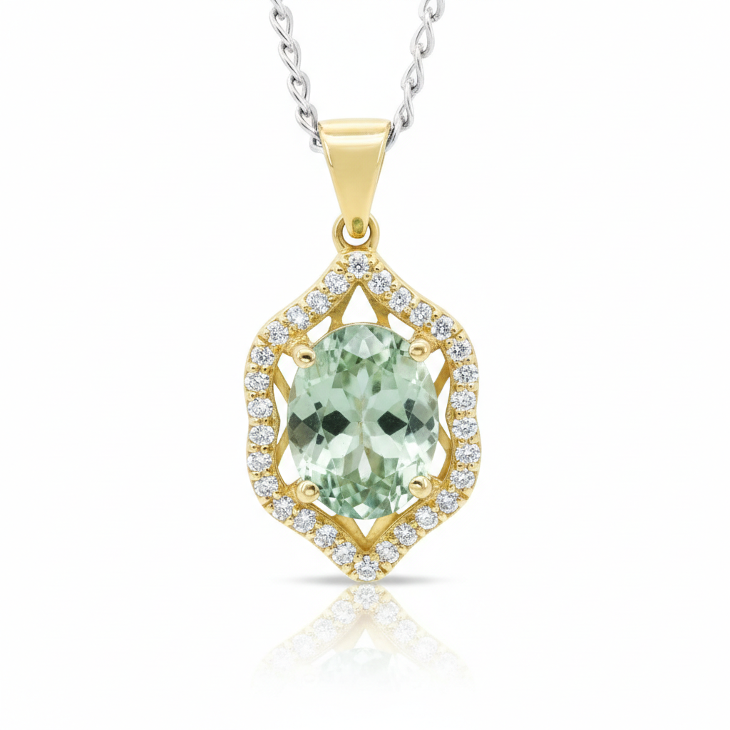 Front view of Olive Twilight pendant in 18ct yellow gold featuring a 3.04ct oval olive-grey tourmaline framed by a diamond-set lattice with 30 round brilliant-cut diamonds (0.24ct total).