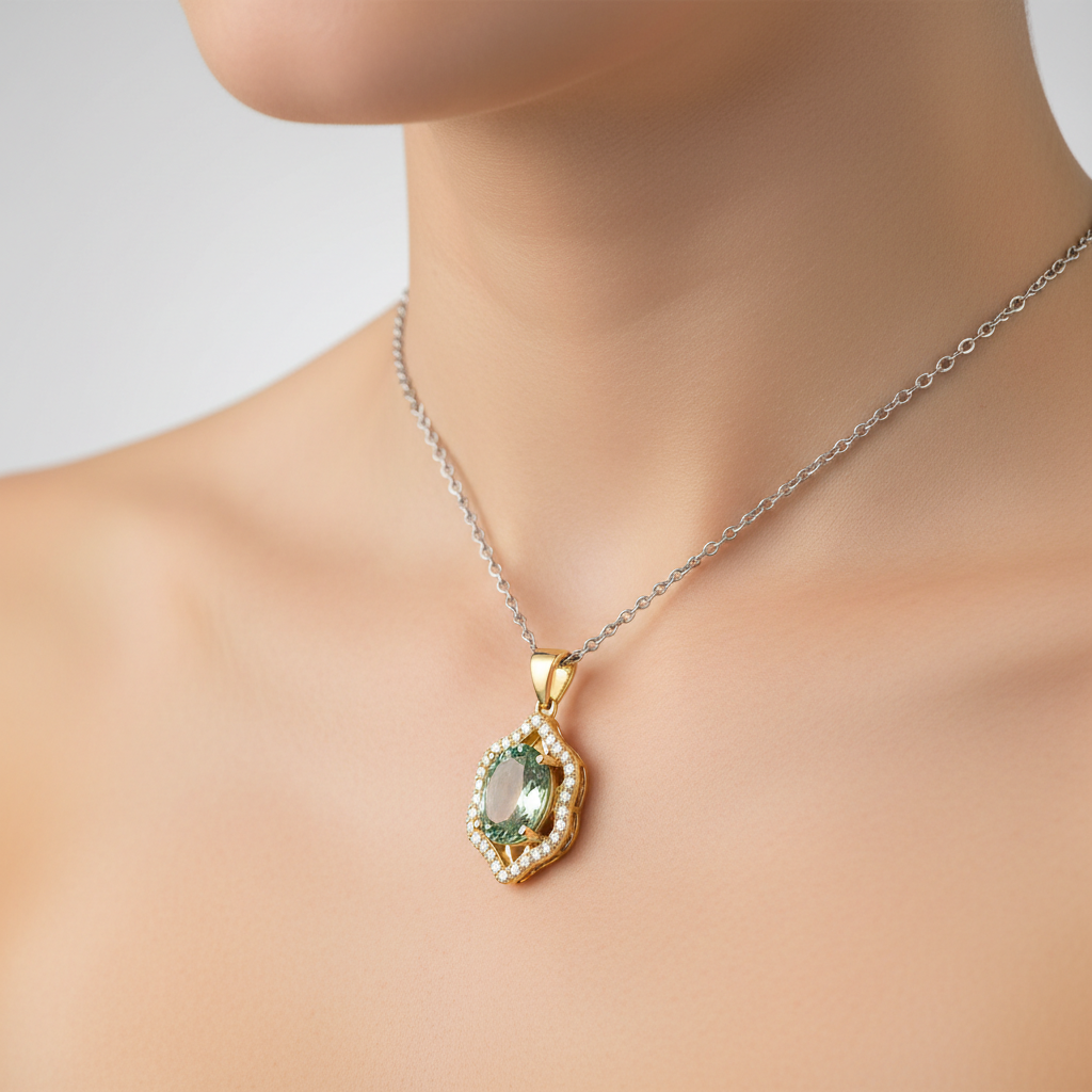 Olive Twilight tourmaline and diamond lattice pendant worn on neck, showcasing the oval tourmaline centre and refined sparkle.
