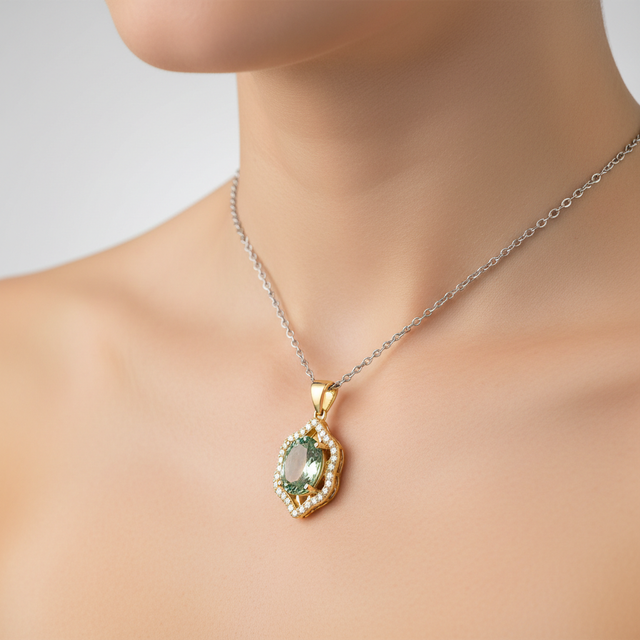 Olive Twilight tourmaline and diamond lattice pendant worn on neck, showcasing the oval tourmaline centre and refined sparkle.