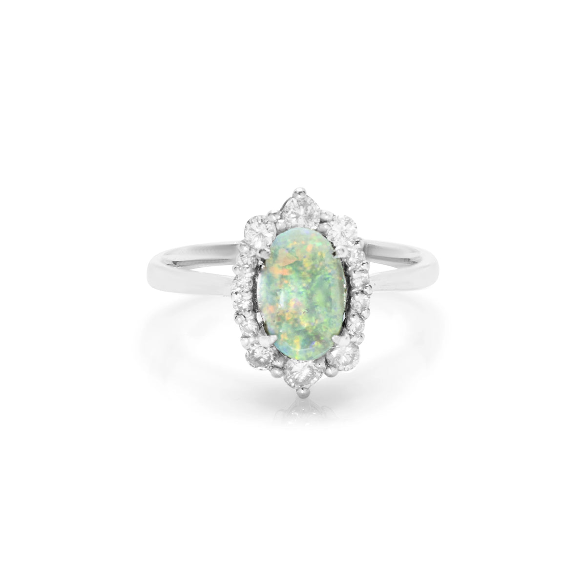 Front view of Opal Radiance ring in 18ct yellow gold featuring a 0.56ct oval cabochon opal surrounded by 14 round brilliant-cut diamonds (0.42ct total).