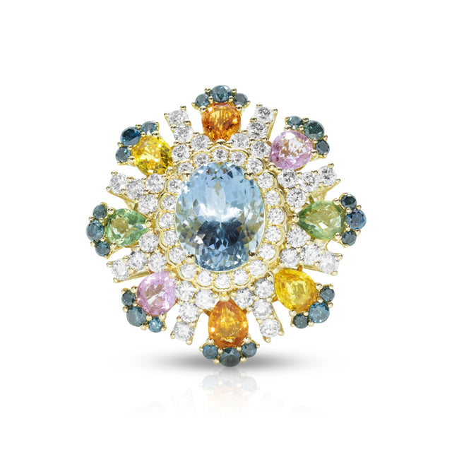 A high-detail front view of the Ocean Mirage ring in 18ct yellow gold, featuring a central 4.08ct oval aquamarine encircled by a vibrant sculptural cluster of multi-coloured pear-shaped sapphires and brilliant-cut white diamonds.