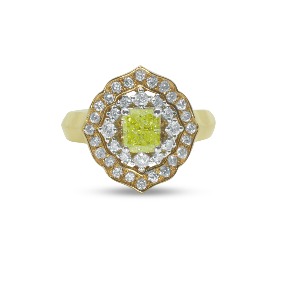 Front view of an 18ct rose gold ring featuring a 0.82ct radiant-cut yellow diamond cantered in a pink and white diamond halo.
