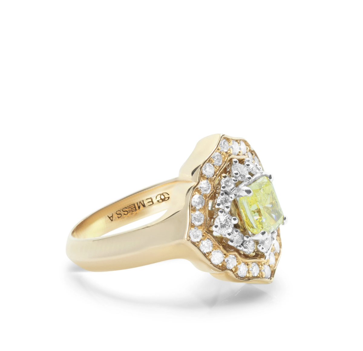Side profile of a rose gold yellow diamond ring showing the sleek tapered band and the tiered setting of the yellow and pink diamonds.