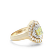 Side profile of a rose gold yellow diamond ring showing the sleek tapered band and the tiered setting of the yellow and pink diamonds.