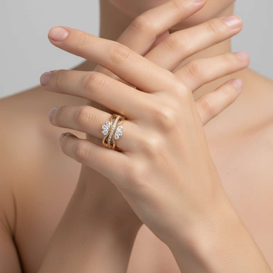 Rosé Harmony pink and white diamond band ring worn on hand, showing the elegant stacking profile and tapered shank in 18ct rose gold.