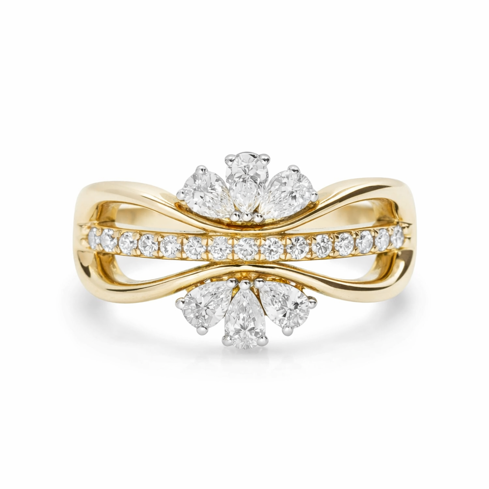 Front view of Rosé Harmony ring in 18ct rose gold featuring a pink diamond band with pear-cut white diamonds above and below.