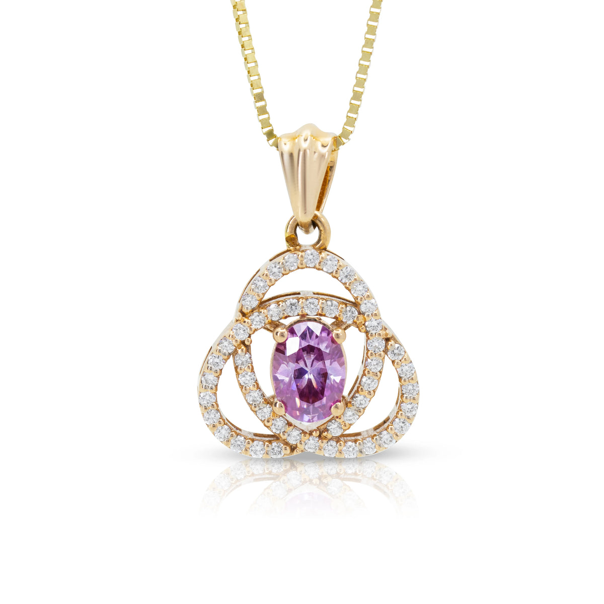Front view of Rosé Radiance pendant in 18ct rose gold featuring a 1.00ct oval purplish-pink synthetic moissanite surrounded by an intertwined motif of 48 round brilliant-cut diamonds (0.48ct total).