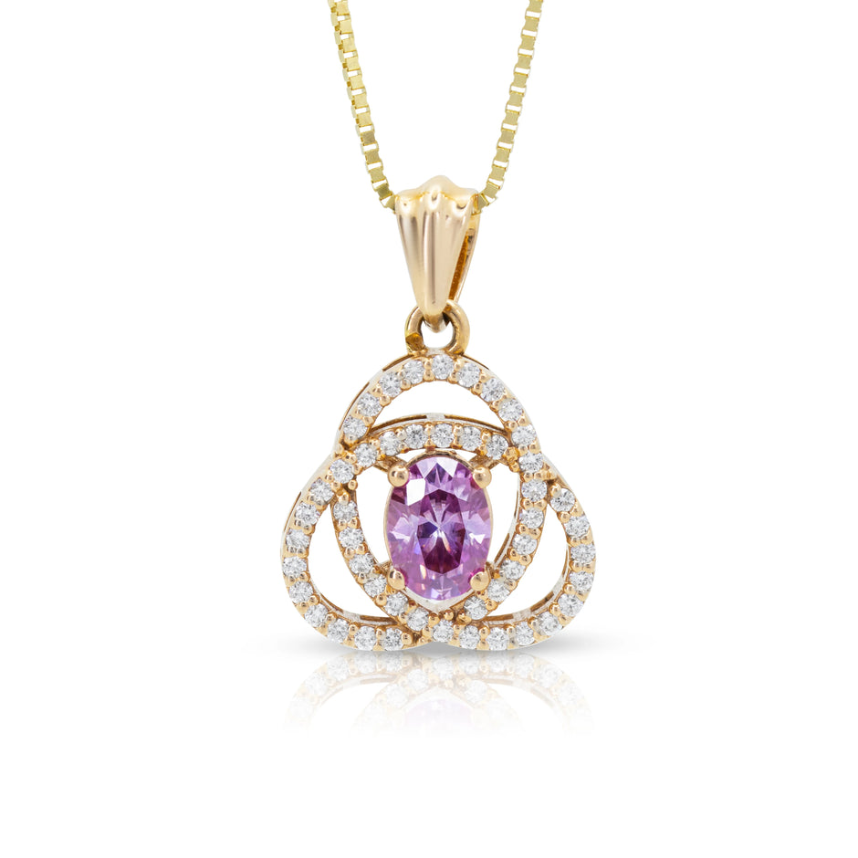 Front view of Rosé Radiance pendant in 18ct rose gold featuring a 1.00ct oval purplish-pink synthetic moissanite surrounded by an intertwined motif of 48 round brilliant-cut diamonds (0.48ct total).