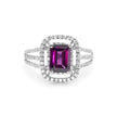 Front view of Royal Garnet Cluster ring in 18ct white gold featuring a 1.13ct emerald-cut rhodolite garnet surrounded by 36 round brilliant-cut diamonds (0.50ct total).