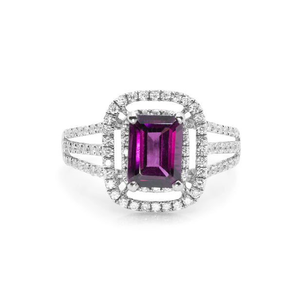 Front view of Royal Garnet Cluster ring in 18ct white gold featuring a 1.13ct emerald-cut rhodolite garnet surrounded by 36 round brilliant-cut diamonds (0.50ct total).