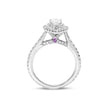 Front upright view of an 18ct white gold pear diamond ring with a visible ruby arch detail set beneath the centre stone