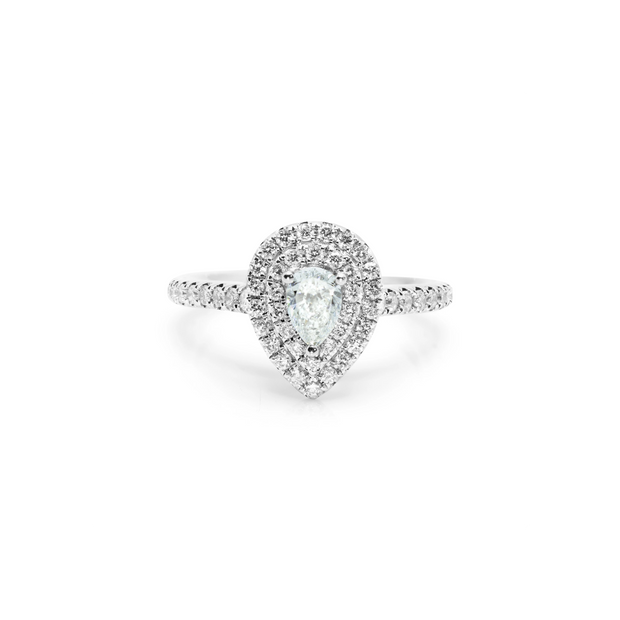 Front view of Ruby Arch ring in 18ct white gold featuring a pear-shaped natural diamond