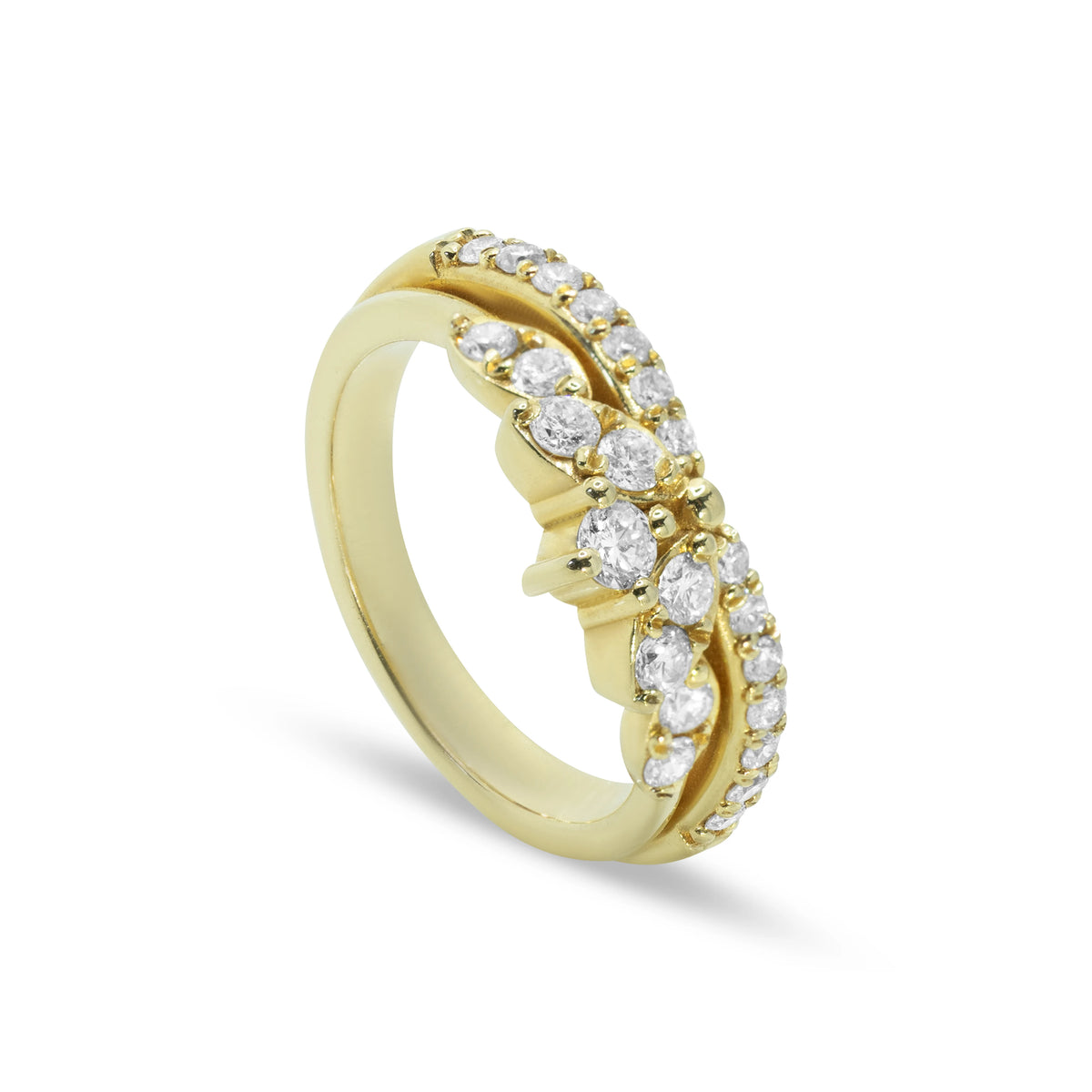 Angled view of 18ct yellow gold natural diamond ring highlighting polished finish and 0.65ct total diamond sparkle.